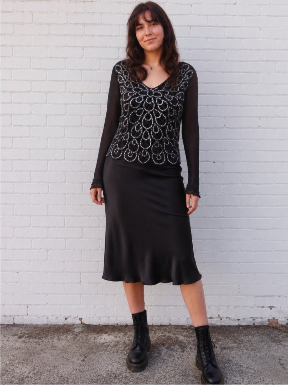 Vintage Size Large Black Beaded Silver Sequin Sheer Top Whimsigoth Gothic Y2K